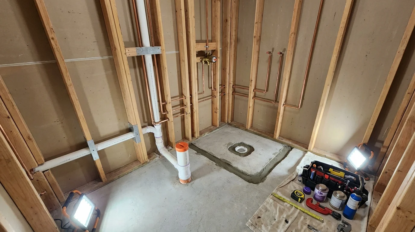 Bathroom rough-in plumbing during remodel by Johns Plumbing LLC in Lilburn