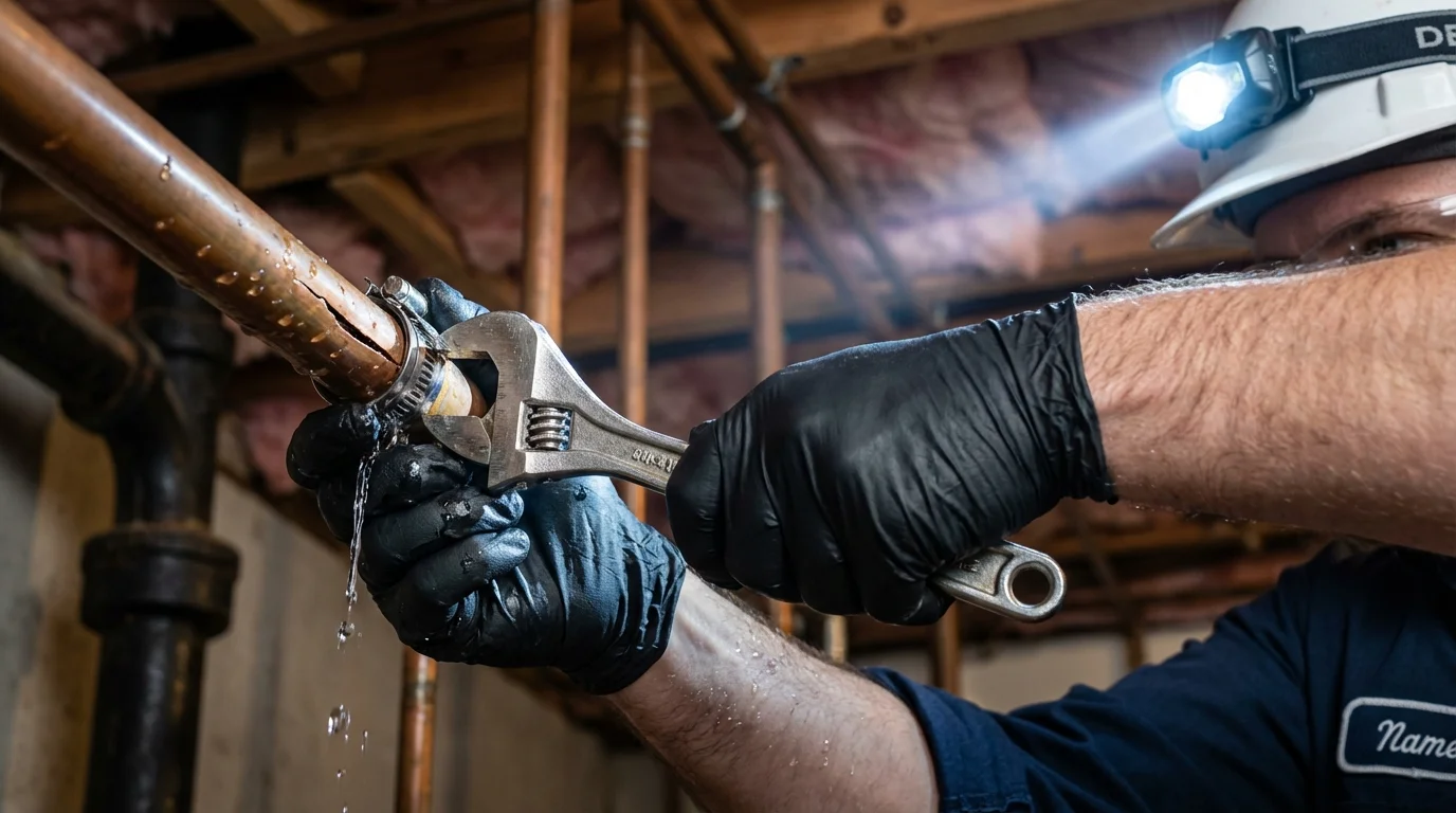 Emergency pipe clamp repair being performed by a Johns Plumbing LLC plumber in Lilburn