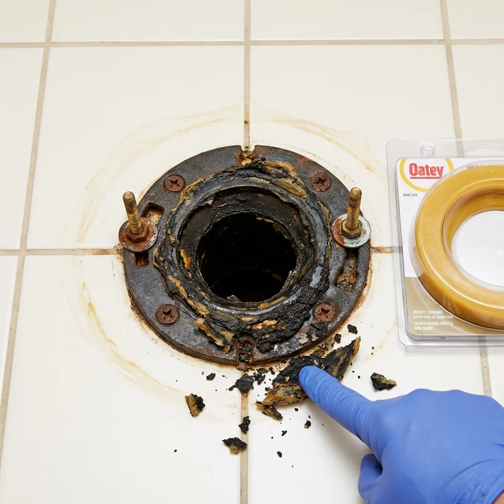 Failed wax ring showing water seepage at the base of a toilet in a Lilburn, GA home
