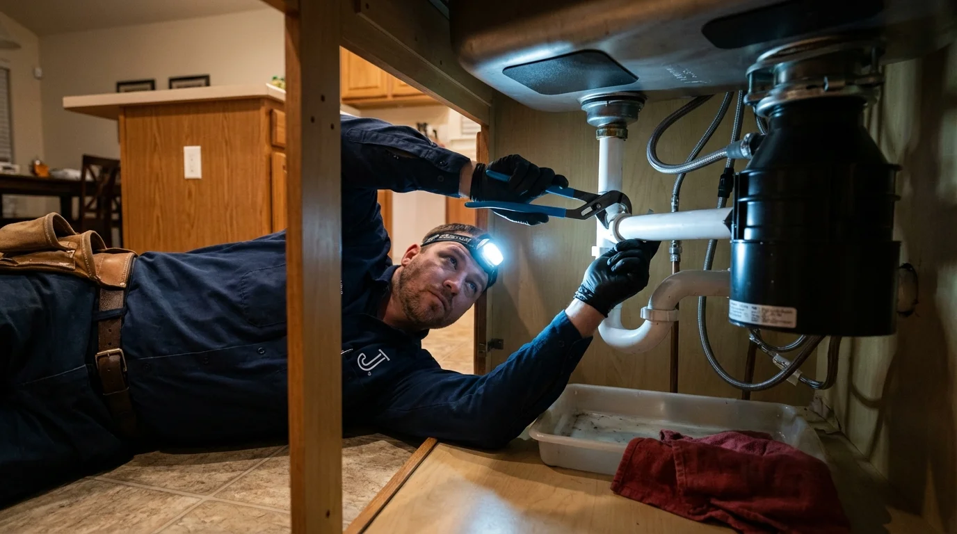 P-trap and supply line connections under a kitchen sink showing a common leak point in Lilburn, GA